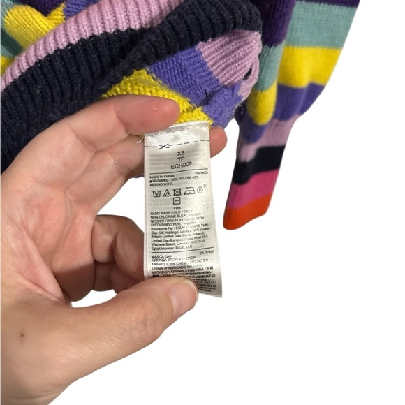 GAP Multicolor Rainbow Crew Neck Sweater Wool Blend Crazy Stripe Puff Sleeve XS - Picture 9 of 9
